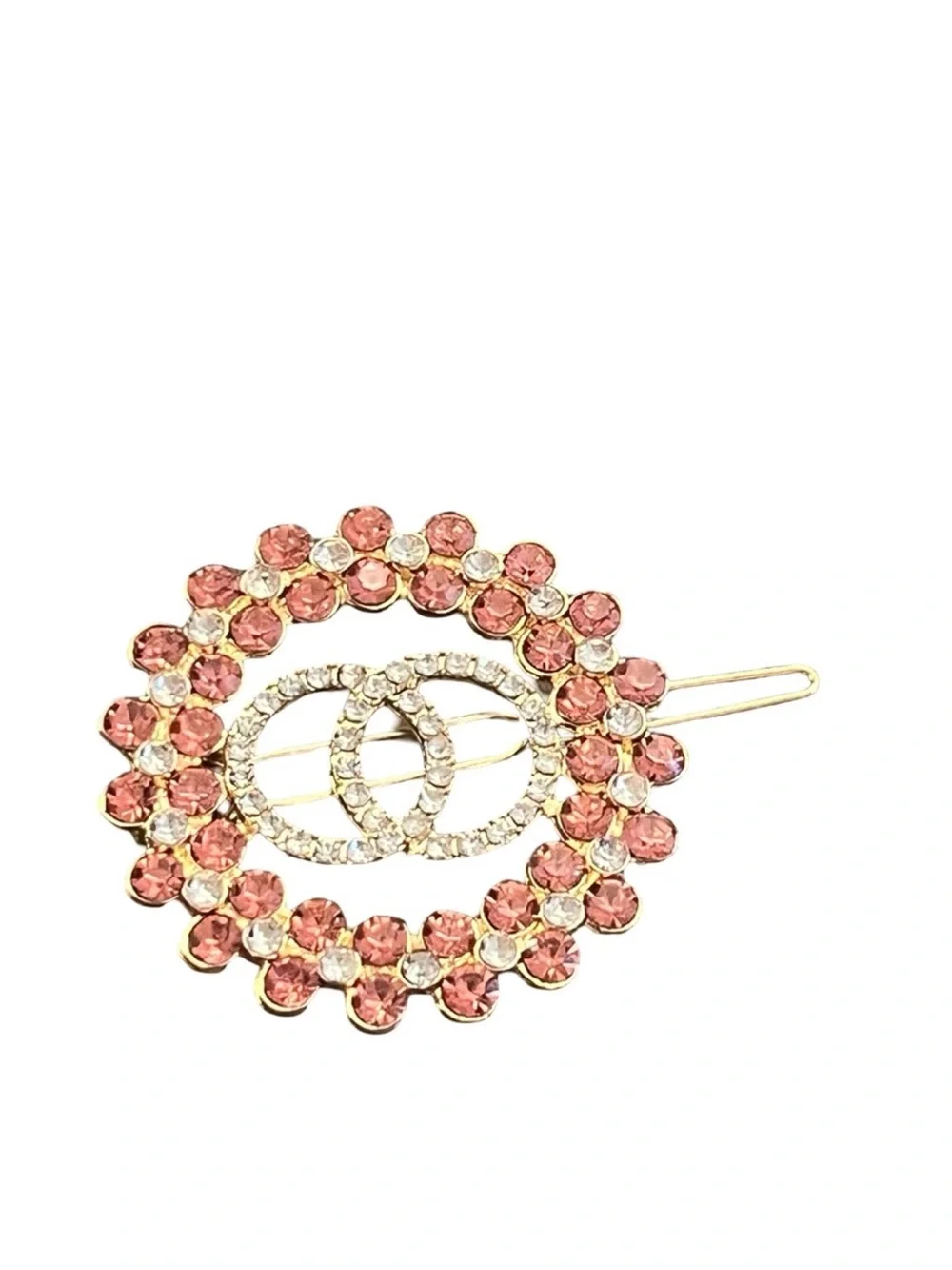 Pink Crystal Circle Hair Clip with Gold Tone Accents FINAL PRICE DROP